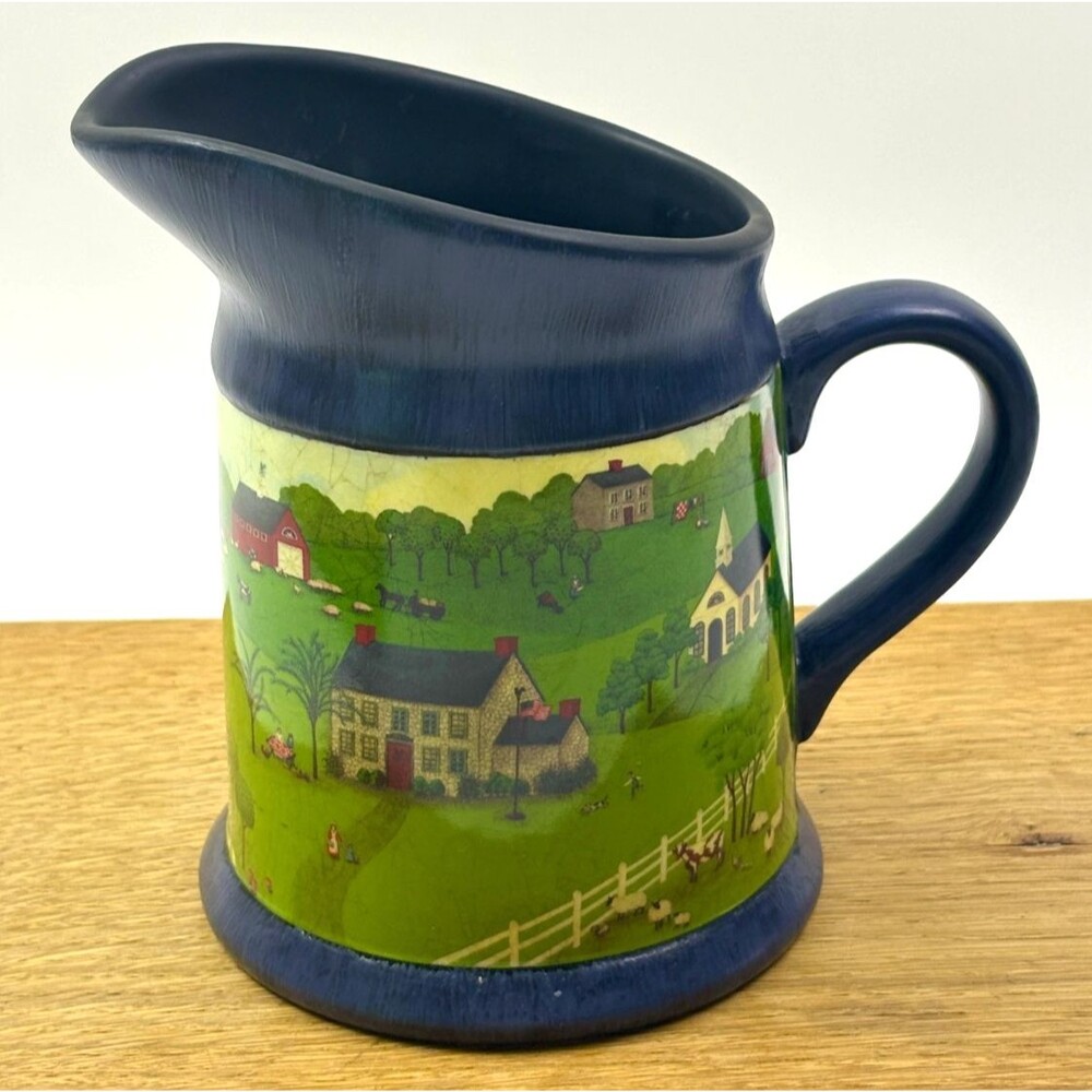 Valerie Pillow Americana Folk Art Pottery Pitcher Homestead Country Scene